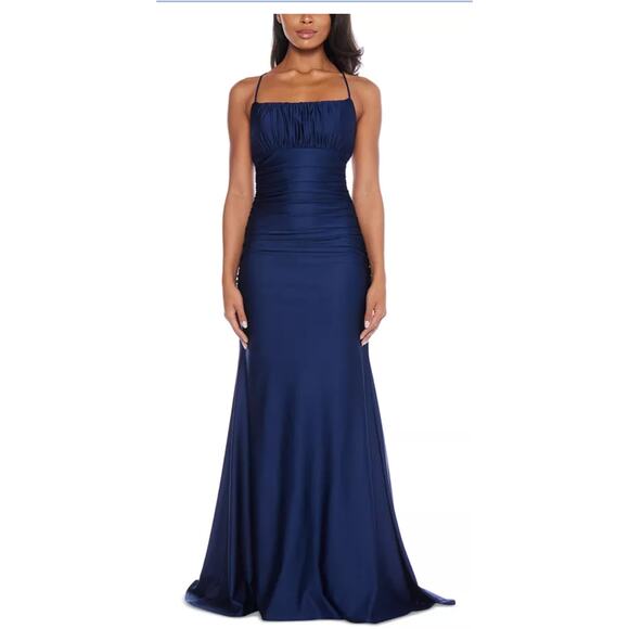 B Darlin Navy Blue Ruched Spaghetti Strap Backless Dress Size 1/2 - Picture 4 of 11